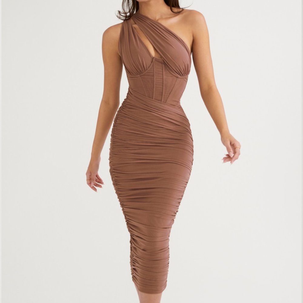House of CB Mocha Asymmetric Cutout Midi Dress (Brand New with Tags)